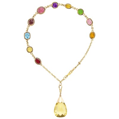 Lot 577 - Gold, Colored Stone and Citrine Briolette Pendant-Necklace