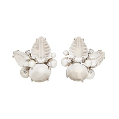 Lot 451 - Pair of White Gold, Rock Crystal and Cultured Pearl Earclips, Seaman Schepps