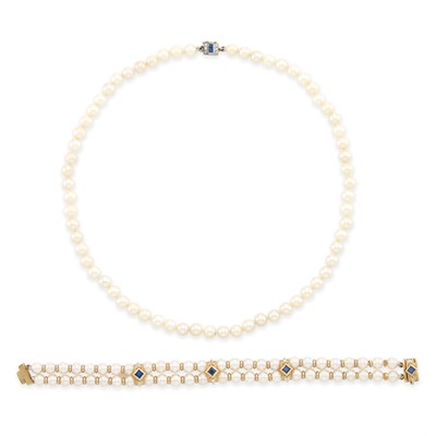 Lot 1127 - Two-Color Gold, Cultured Pearl, Sapphire and Diamond Necklace and Bracelet