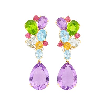 Lot 346 - Pair of Gold, Multicolored Stone and Diamond Pendant-Earclips