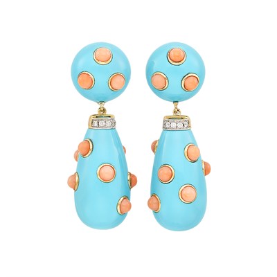 Lot 4 - Pair of Gold, Turquoise, Coral and Diamond Pendant-Earclips