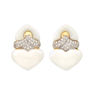 Lot 281 - Pair of Two-Color Gold, White Agate and Diamond Earclips