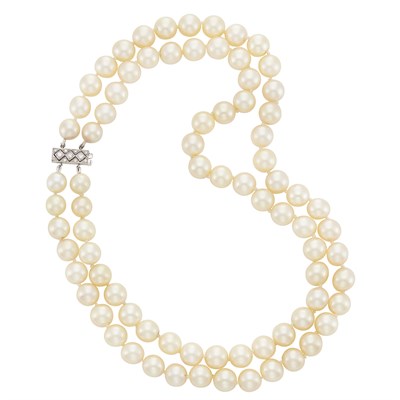 Lot 51 - Double Strand Cultured Pearl Necklace with Platinum and Diamond Clasp, Van Cleef & Arpels