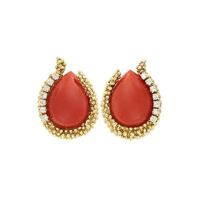 Lot 63 - Pair of Gold, Oxblood Coral and Diamond Earrings