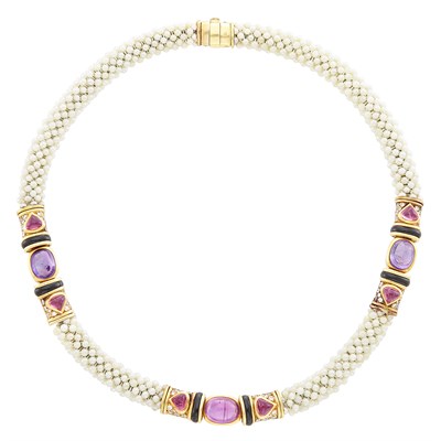 Lot 97 - Gold, Cultured Seed Pearl Mesh, Cabochon Colored Stone, Diamond and Black Onyx Necklace, Marina B, France