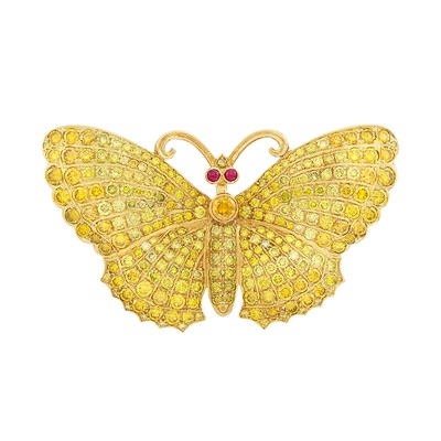 Lot 344 - Gold, Colored Diamond and Ruby Butterfly Pendant-Brooch