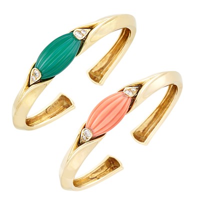 Lot 11 - Pair of Gold, Fluted Coral and Green Chrysoprase and Diamond Bangle Bracelets, Van Cleef & Arpels, France