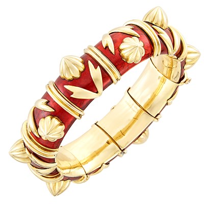 Lot 397 - Gold and Red Paillonné Enamel Bangle Bracelet, Schlumberger, Paris