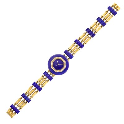 Lot 32 - Triple Strand Hammered Gold, Lapis and Diamond Bracelet-Watch, Boucheron, Paris