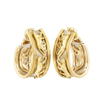 Lot 296 - Pair of Two-Color Gold 'Panther' Hoop Earrings, Cartier