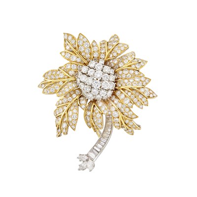 Lot 334 - Gold, Platinum and Diamond Flower Brooch