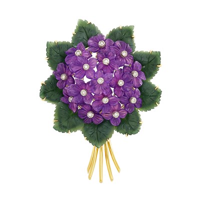 Lot 364 - Gold, Carved Amethyst and Nephrite and Diamond Bouquet Brooch