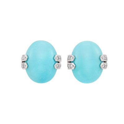 Lot 282 - Pair of Gold, Platinum, Turquoise and Diamond Earclips
