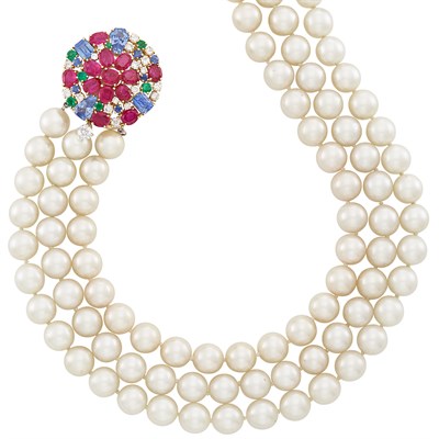 Lot 515 - Triple Strand Cultured Pearl Necklace with Interchangeable Gold, Gem-Set and Diamond Clasp and Platinum and Diamond Clasp