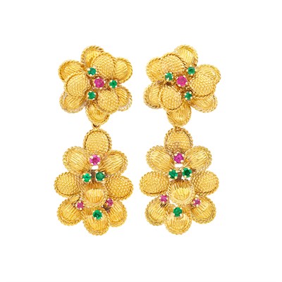 Lot 177 - Pair of Gold and Gem-Set Pendant-Earclips
