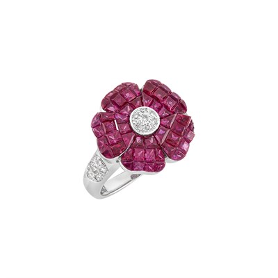 Lot 181 - White Gold, Invisibly-Set Ruby and Diamond Flower Ring