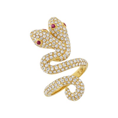 Lot 213 - Gold, Diamond and Ruby Double Headed Snake Ring
