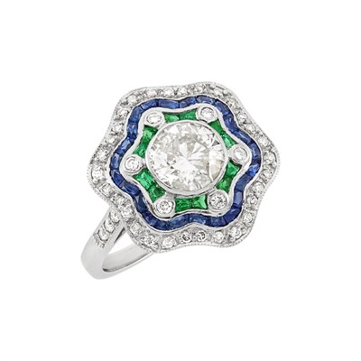 Lot 271 - Platinum, Diamond, Sapphire and Emerald Ring