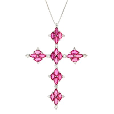 Lot 188 - White Gold, Ruby and Diamond Cross Pendant and Chain