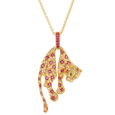 Lot 292 - Gold, Diamond, Ruby and Emerald Panther Pendant and Chain