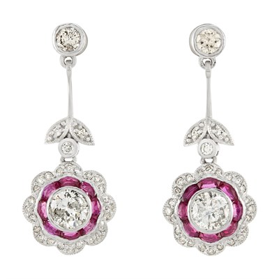 Lot 184 - Pair of Platinum, Ruby and Diamond Pendant Earrings