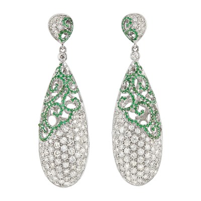 Lot 274 - Pair of White Gold, Emerald and Diamond Pendant Earrings