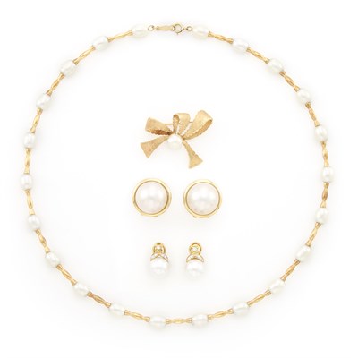 Lot 1425 - Gold, Gold-Filled, Cultured and Mabé Pearl Necklace, Brooch and Two Pairs of Earrings