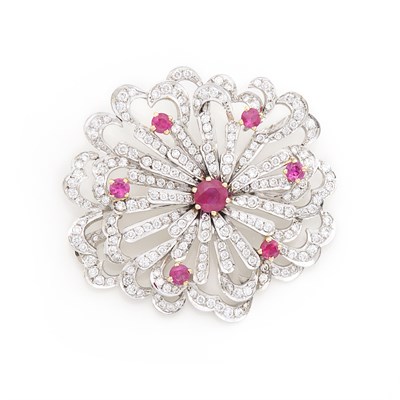 Lot 1195 - White Gold, Diamond and Synthetic Ruby Brooch