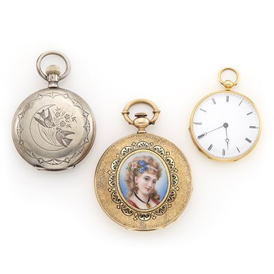 Lot 1593 - Three Gold, Gold-filled, Silver and Enamel Pendant-Watches