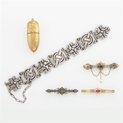 Lot 325 - Three Gold, Silver and Gilt-Metal Bar Pins, Sewing Kit and Silver Bracelet