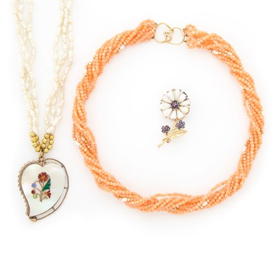 Lot 1314 - Multistrand Coral, Freshwater Pearl and Gold Bead Necklace, Freshwater Pearl Necklace and Pin