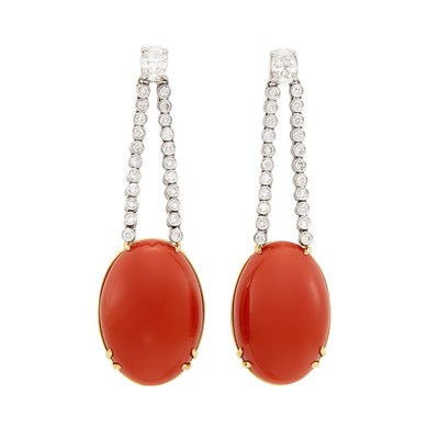 Lot 56 - Pair of Platinum, Gold, Diamond and Coral Pendant-Earrings