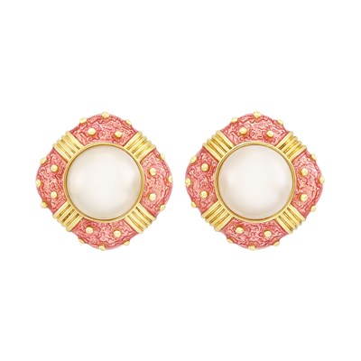 Lot 6 - Pair of Gold, Mabé Pearl and Pink Enamel Earclips