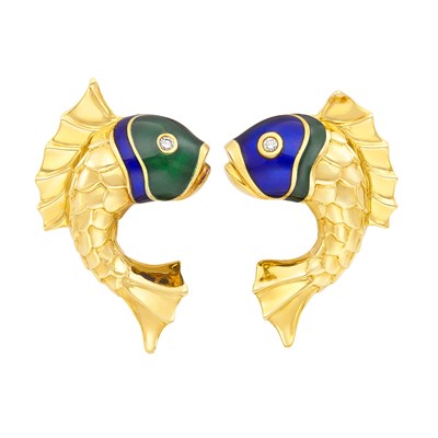 Lot 33 - Pair of Gold, Enamel and Diamond Fish Earclips, Judith Leiber