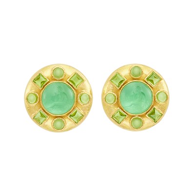 Lot 376 - Pair of Hammered Gold, Green Glass Intaglio and Cabochon Peridot Earclips, Elizabeth Locke
