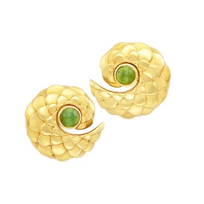 Lot 369 - Pair of Gold and Cabochon Tourmaline Earclips, Judith Leiber