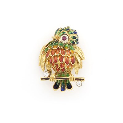 Lot 329 - Gold, Multicolored Enamel and Diamond Bird Brooch