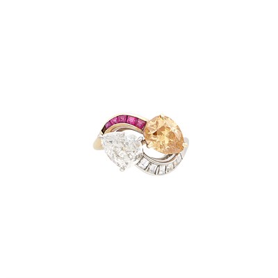 Lot 307 - Platinum, Rose Gold, Diamond, Colored Diamond and Ruby Ring