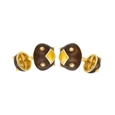 Lot 142 - Pair of Gold and Brown and Yellow Enamel Cufflinks, David Webb