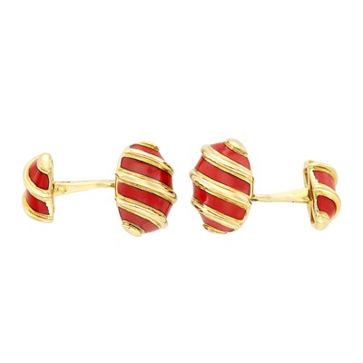 Lot 144 - Pair of Gold and Red Enamel Cufflinks, Tiffany & Co., Schlumberger