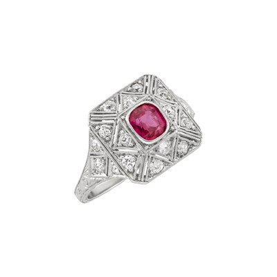 Lot 10 - Art Deco Platinum, Ruby and Diamond Ring