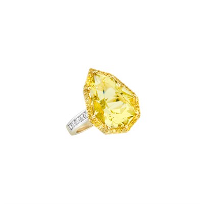 Lot 204 - Two-Color Gold, Heliodor, Colored Diamond and Diamond Ring