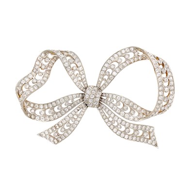Lot 483 - Belle Époque Platinum, Gold and Diamond Bow Brooch, Tiffany & Co.