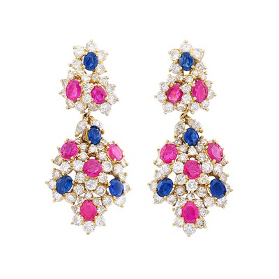 Lot 371 - Pair of Gold, Diamond and Gem-Set Pendant-Earclips