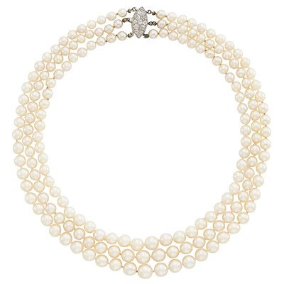 Lot 92 - Triple Strand Cultured Pearl Necklace with Platinum and Diamond Clasp
