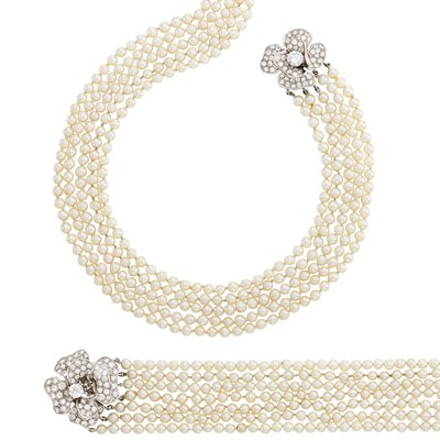 Lot 228 - Multistrand Cultured Pearl Necklace and Bracelet with Platinum and Diamond Flower Clasps