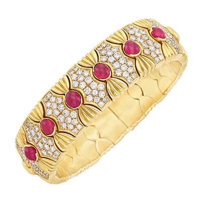 Lot 111 - Gold, Cabochon Ruby and Diamond Bracelet