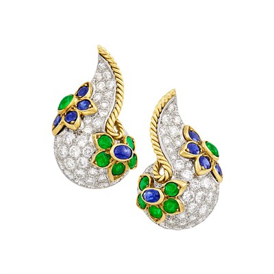 Lot 118 - Pair of Two-Color Gold, Diamond, Emerald and Sapphire Earrings