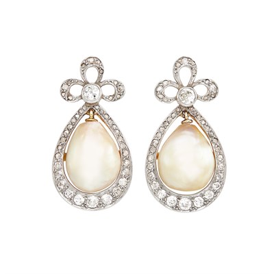Lot 263 - Pair of Antique Gold, Platinum, Natural Pearl and Diamond Earrings