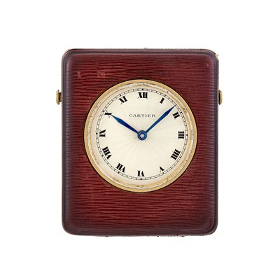 Lot 141 - Brass and Leather 'Petite Sonnerie' Travel Clock, Cartier